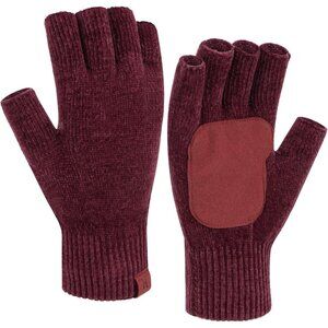 🆕Women's Wine Red Winter Chenille Warm Working Texting Half Finger Gloves